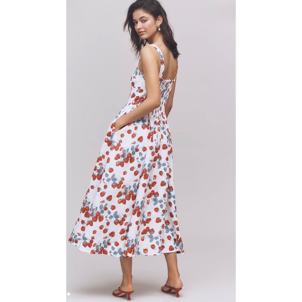 Reformation Balia Linen Strawberry Print Basque Waist Midi Dress White Red Sz 2 - Picture 6 of 16